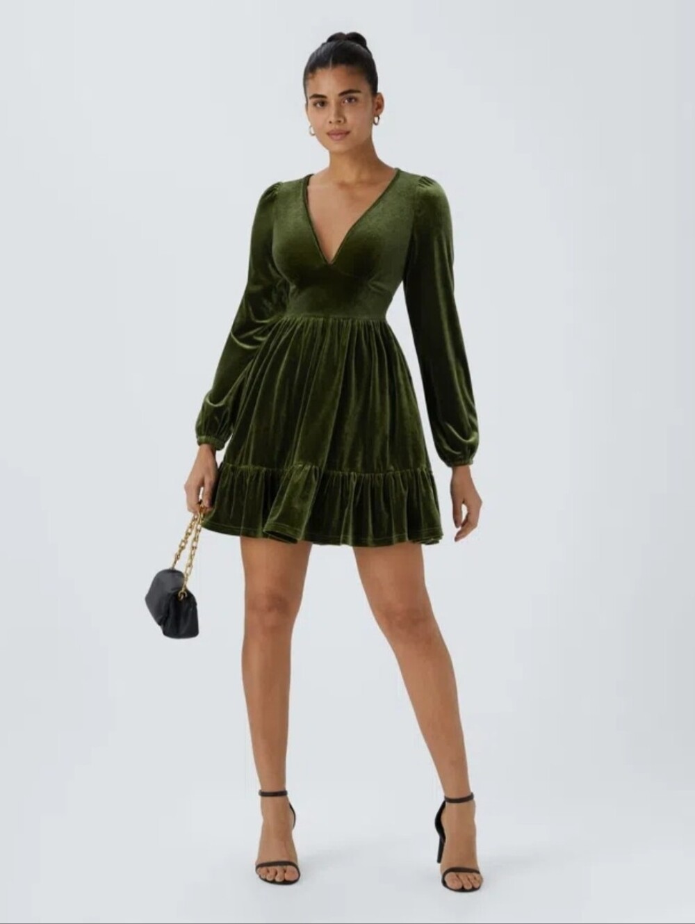 Olive Green Velvet V-Neck Mini Dress